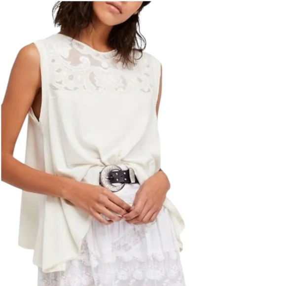FREE PEOPLE Swing Top Ivory Knit Lace Linen Blend Layering Tank Boho Large 10 - Picture 1 of 9